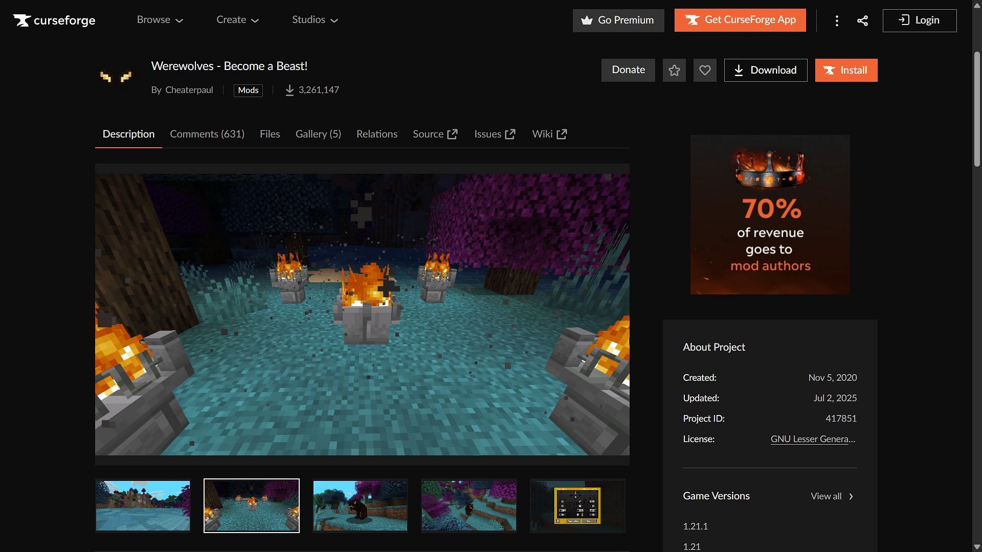 Werewolves mod can be downloaded from the CurseForge website (Image via CurseForge)